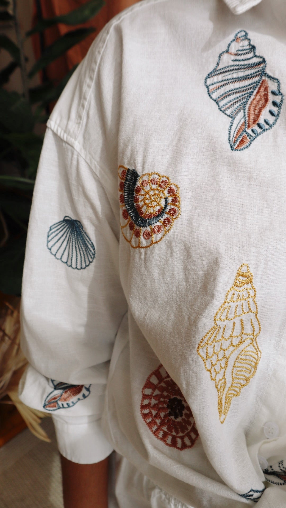 Linen Seashell Embroidered Top