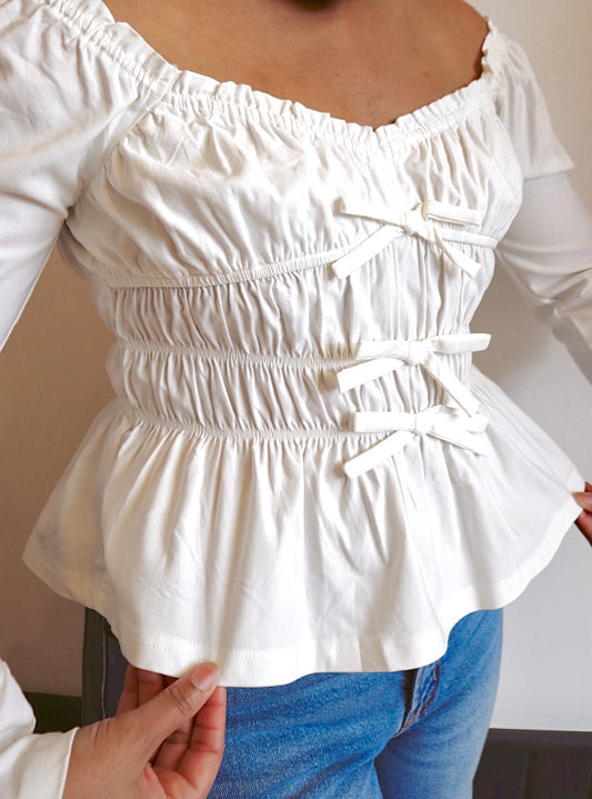 Smocked Bow Long Sleeve Blouse